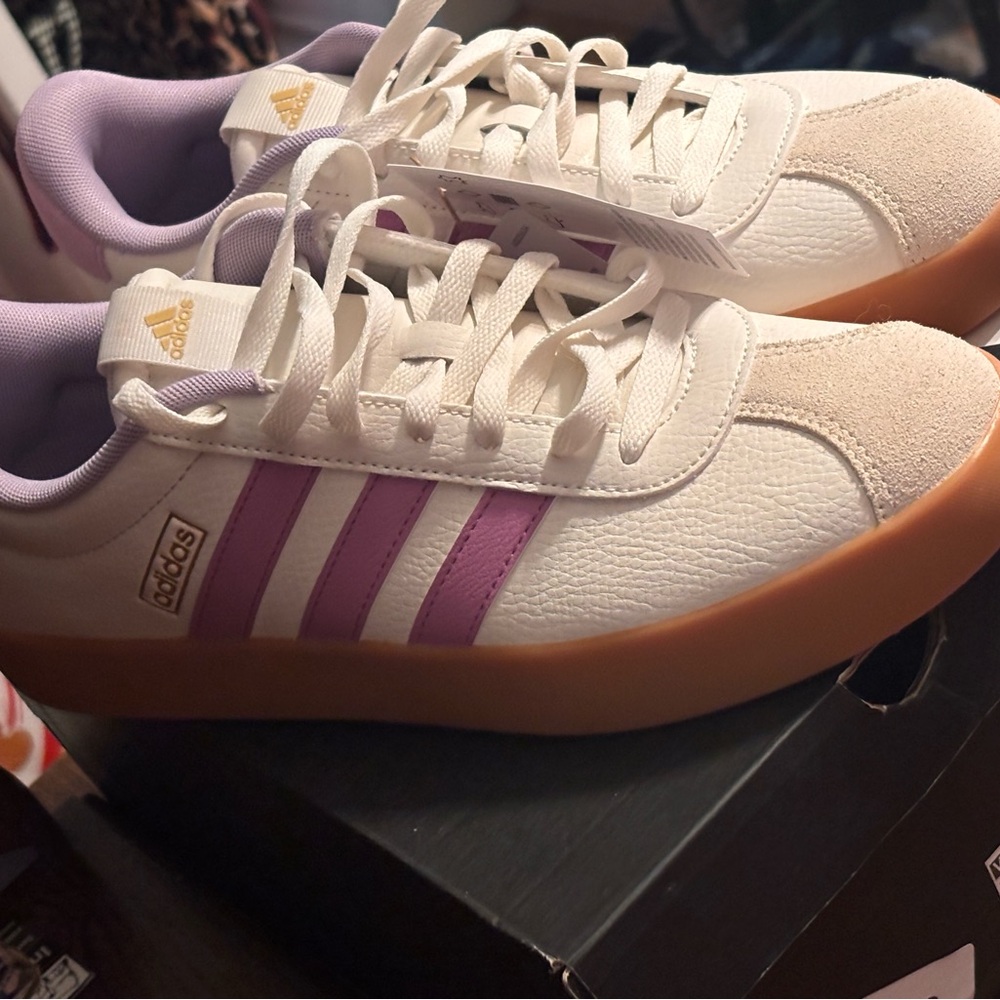 Adidas Cream Sneakers with Purple Stripes - Picture 8 of 9